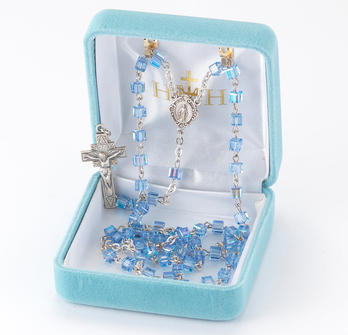 4mm Finest Cube Aqua Rosary w/Sterling Silver Ctr & Cfx-(16/106)-Bxd