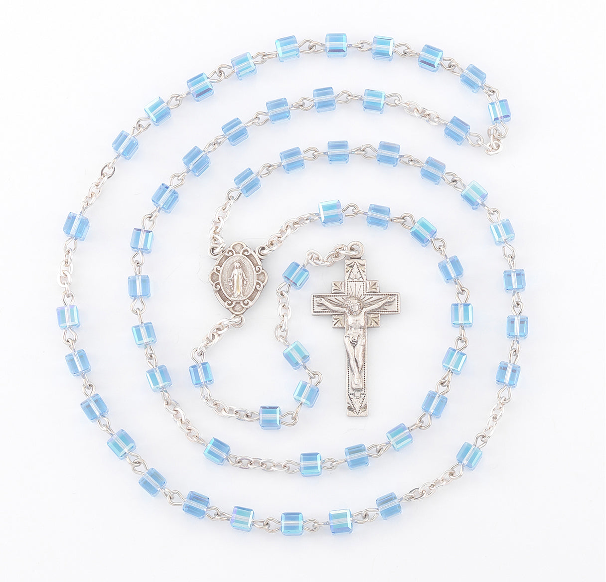 4mm Finest Cube Aqua Rosary w/Sterling Silver Ctr & Cfx-(16/106)-Bxd