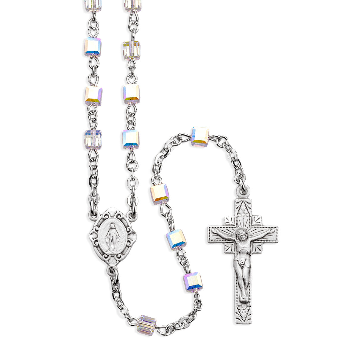 4mm Finest Crystal (AB) Cube Rosary w/Sterling Silver Ctr & Cfx-(16/106)-Bxd