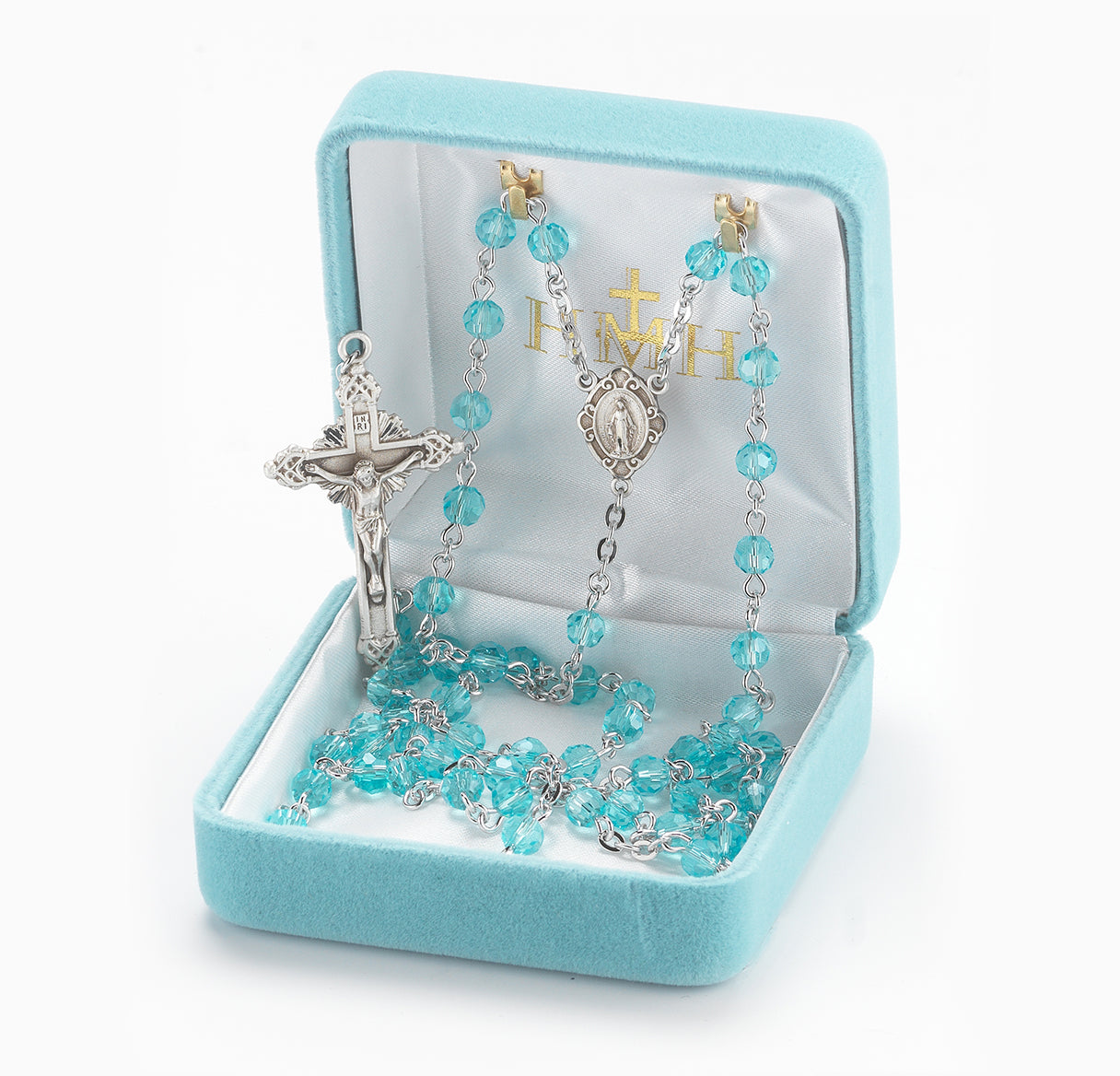 5mm Round Aqua Rosary w/Sterling Silver Ctr & Cfx-(16/195)-Bxd