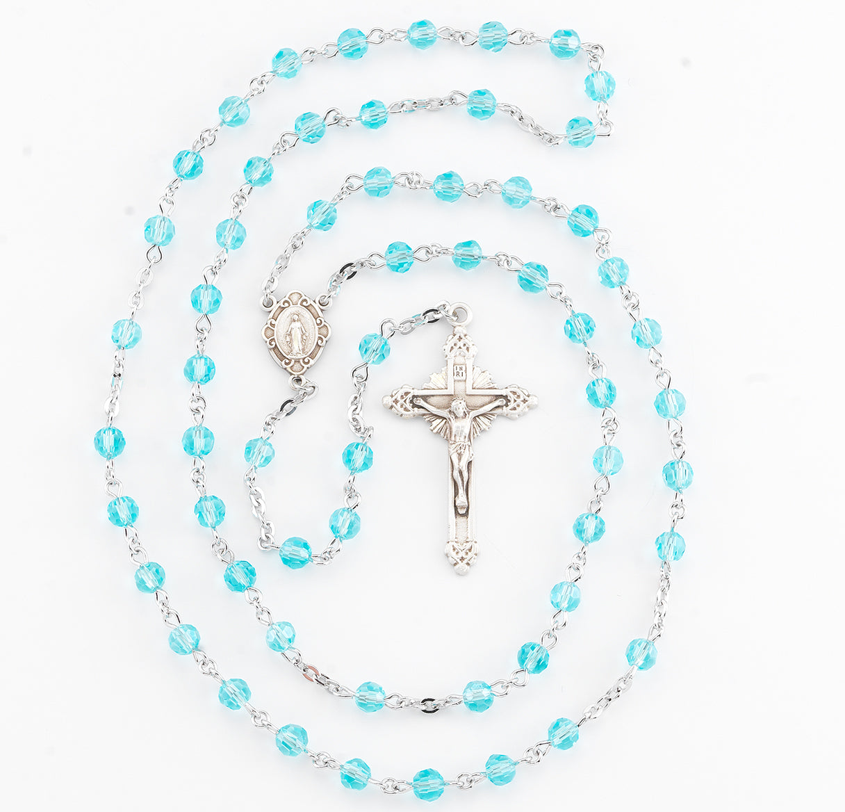 5mm Round Aqua Rosary w/Sterling Silver Ctr & Cfx-(16/195)-Bxd