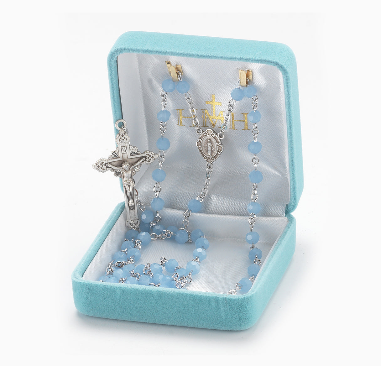 5mm Round Blue Opal Rosary w/Sterling Silver Ctr & Cfx-(16/195)-Bxd