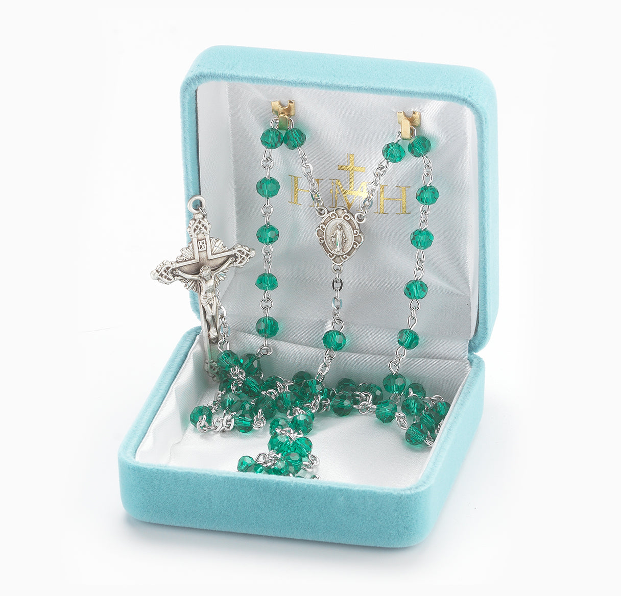 5mm Round Emerald Rosary w/Sterling Silver Ctr & Cfx-(16/195)-Bxd