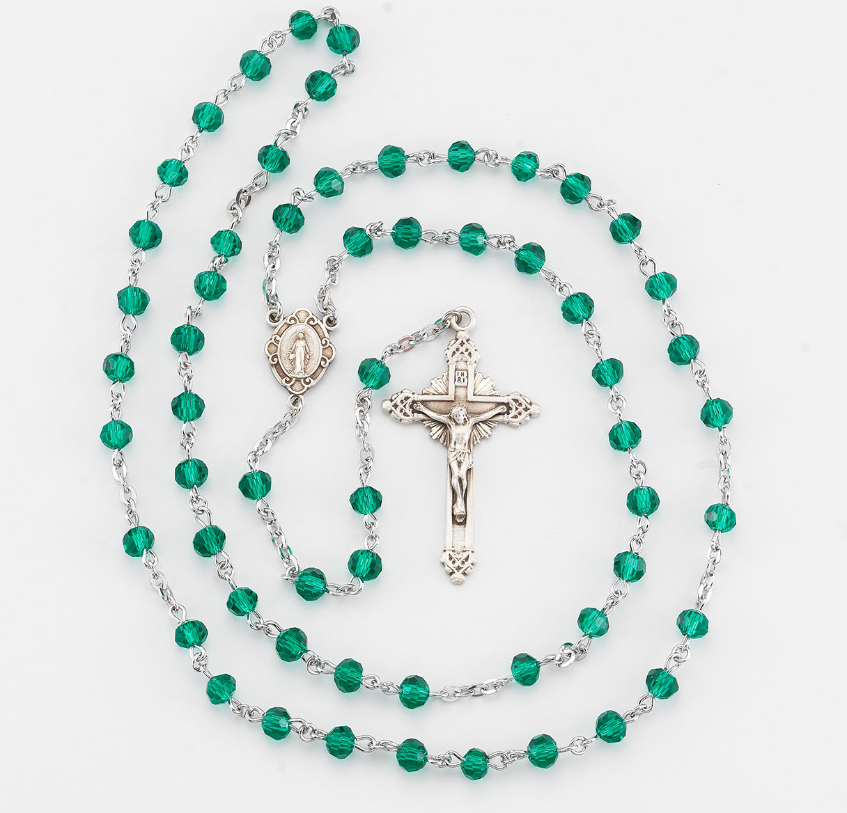 5mm Round Emerald Rosary w/Sterling Silver Ctr & Cfx-(16/195)-Bxd