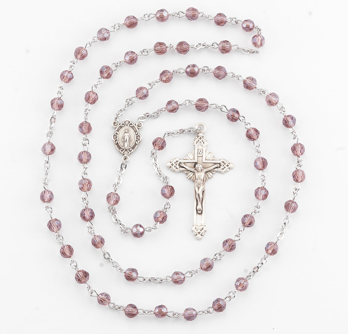 5mm Round Light Amethyst Rosary w/Sterling Silver Ctr & Cfx-(16/195)-Bxd