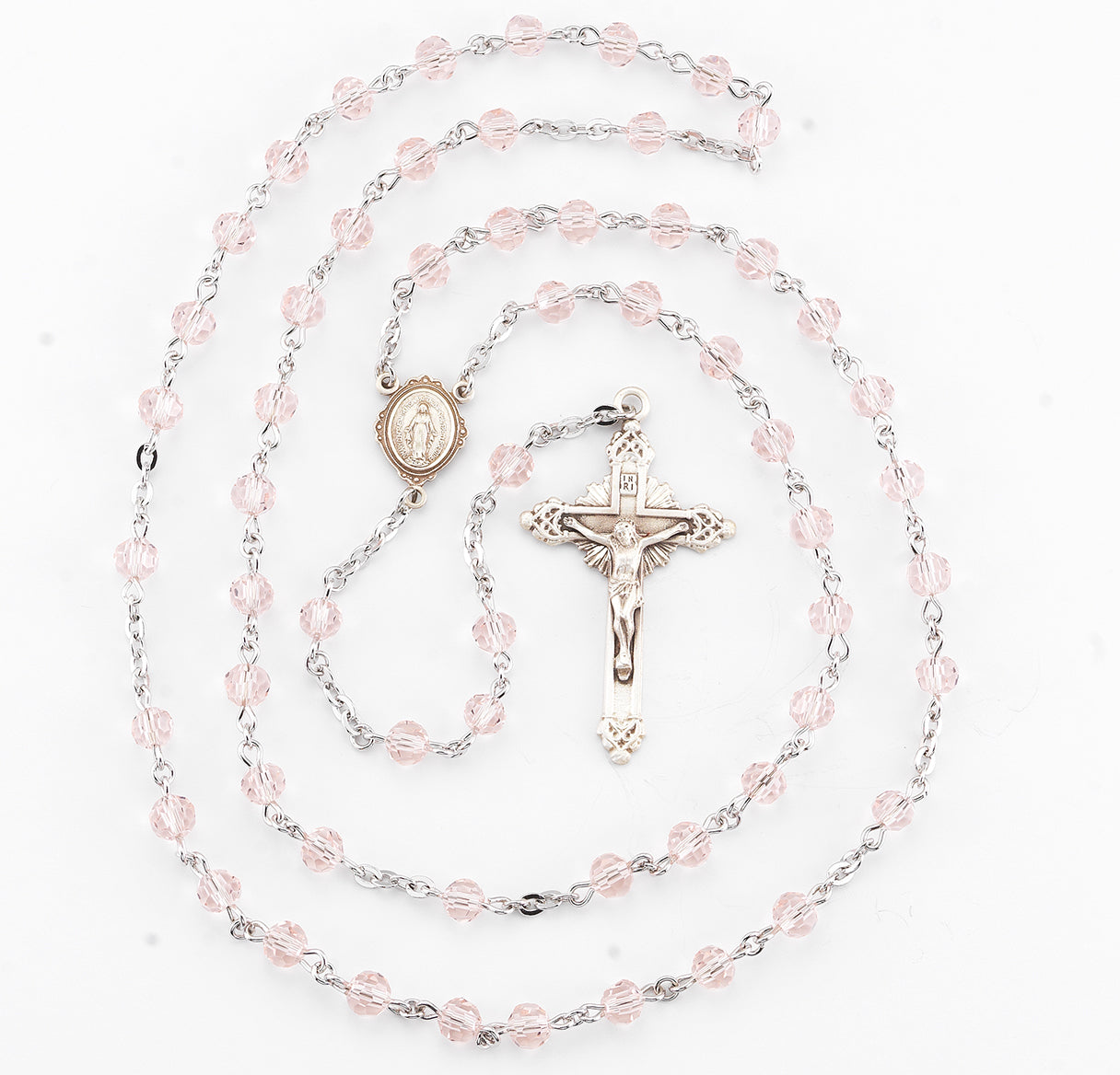 5mm Round Light Rose Rosary w/Sterling Silver Ctr & Cfx-(16/195)-Bxd