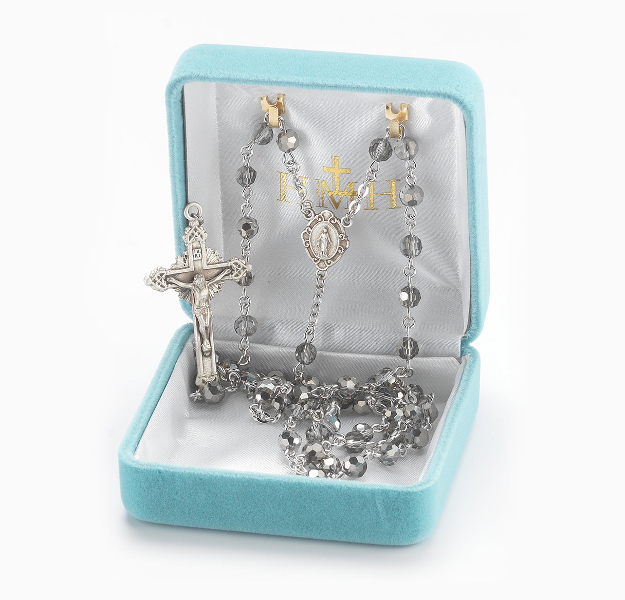 5mm Round Metallic Silver Rosary w/Sterling Silver Ctr & Cfx-(16/195)-Bxd