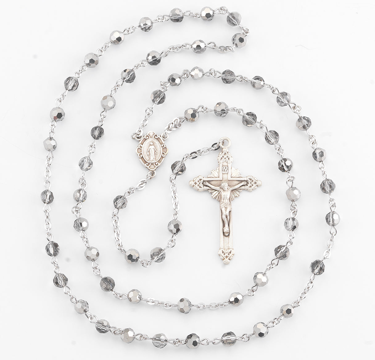 5mm Round Metallic Silver Rosary w/Sterling Silver Ctr & Cfx-(16/195)-Bxd