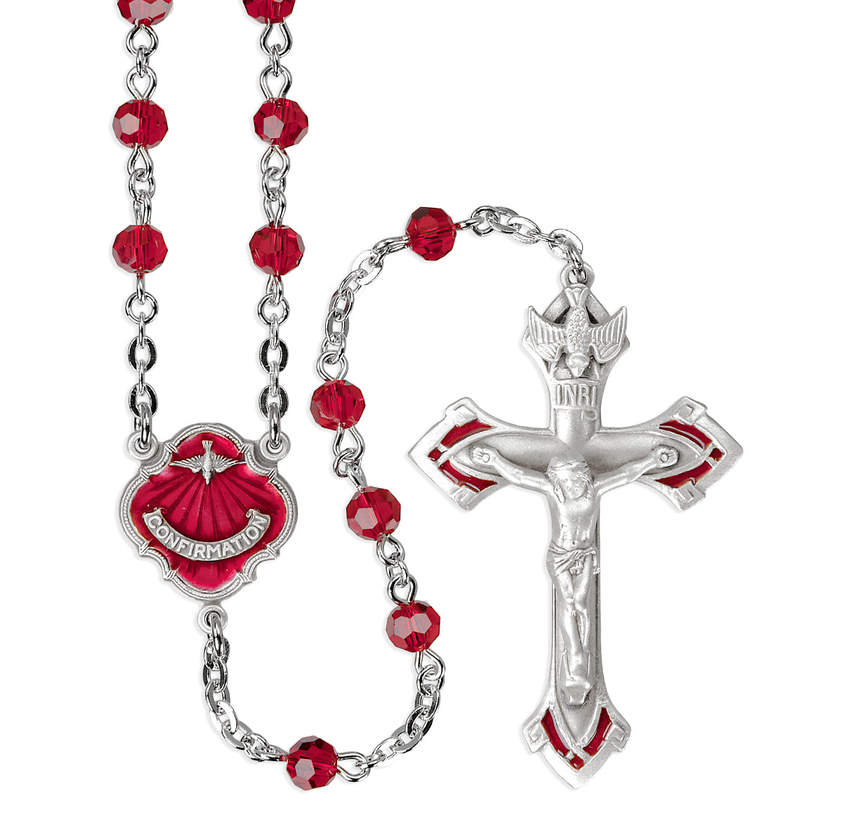 Ruby Round Bead Confirmation Rosary Sterling Crucifix and Centerpiece