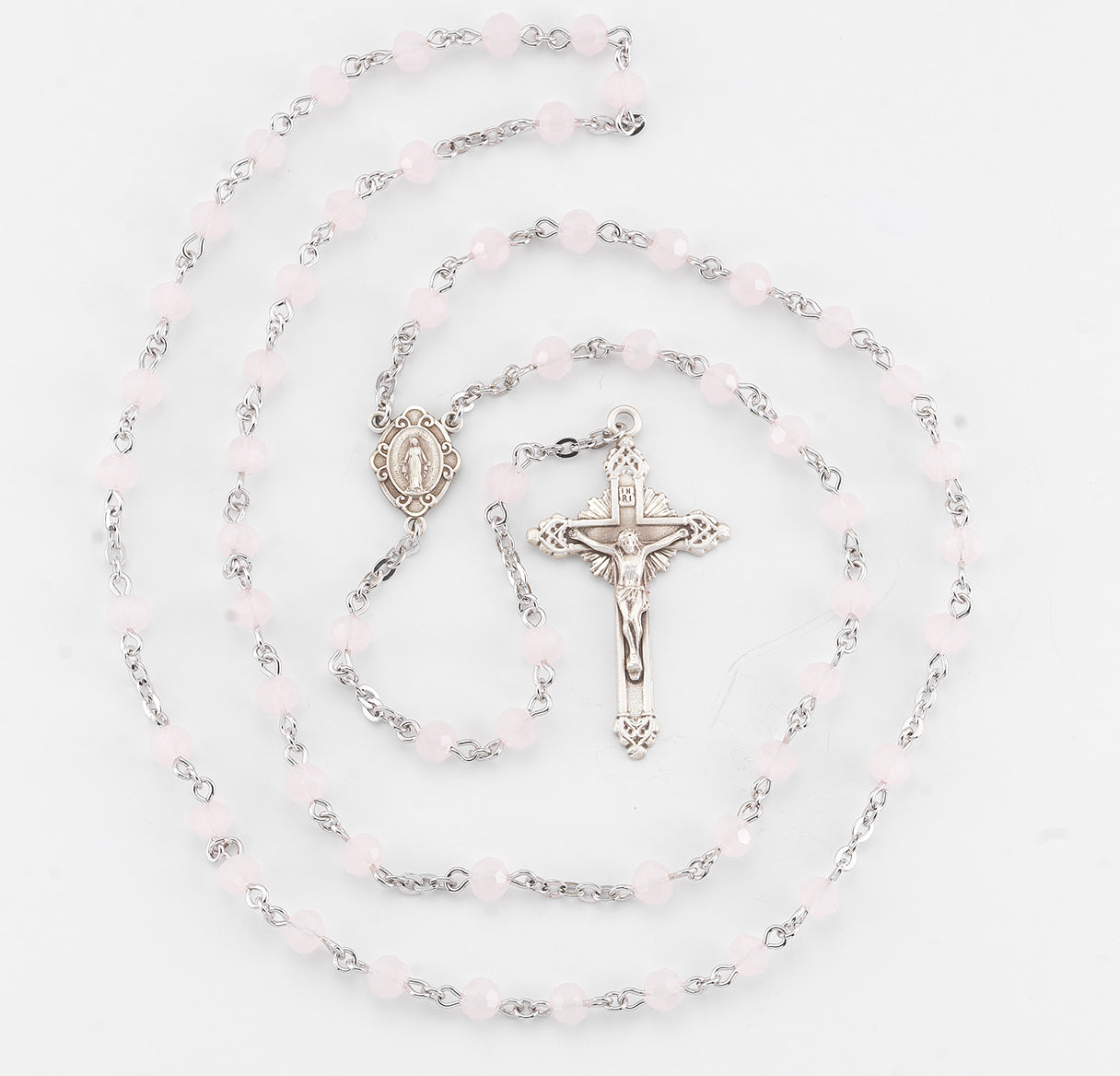 5mm Round Rose Opal Rosary w/Sterling Silver Ctr & Cfx-(16/195)-Bxd