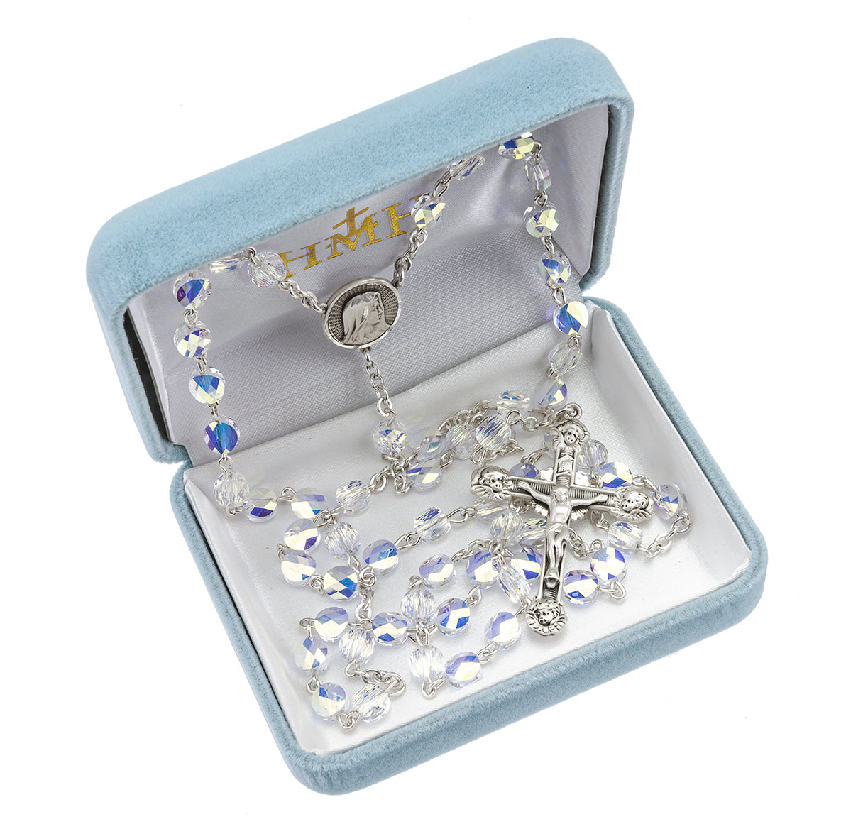6mm Finest Semi Flat Crystal Rosary w/Sterling Silver Ctr & Cfx-(363/113)-Bxd