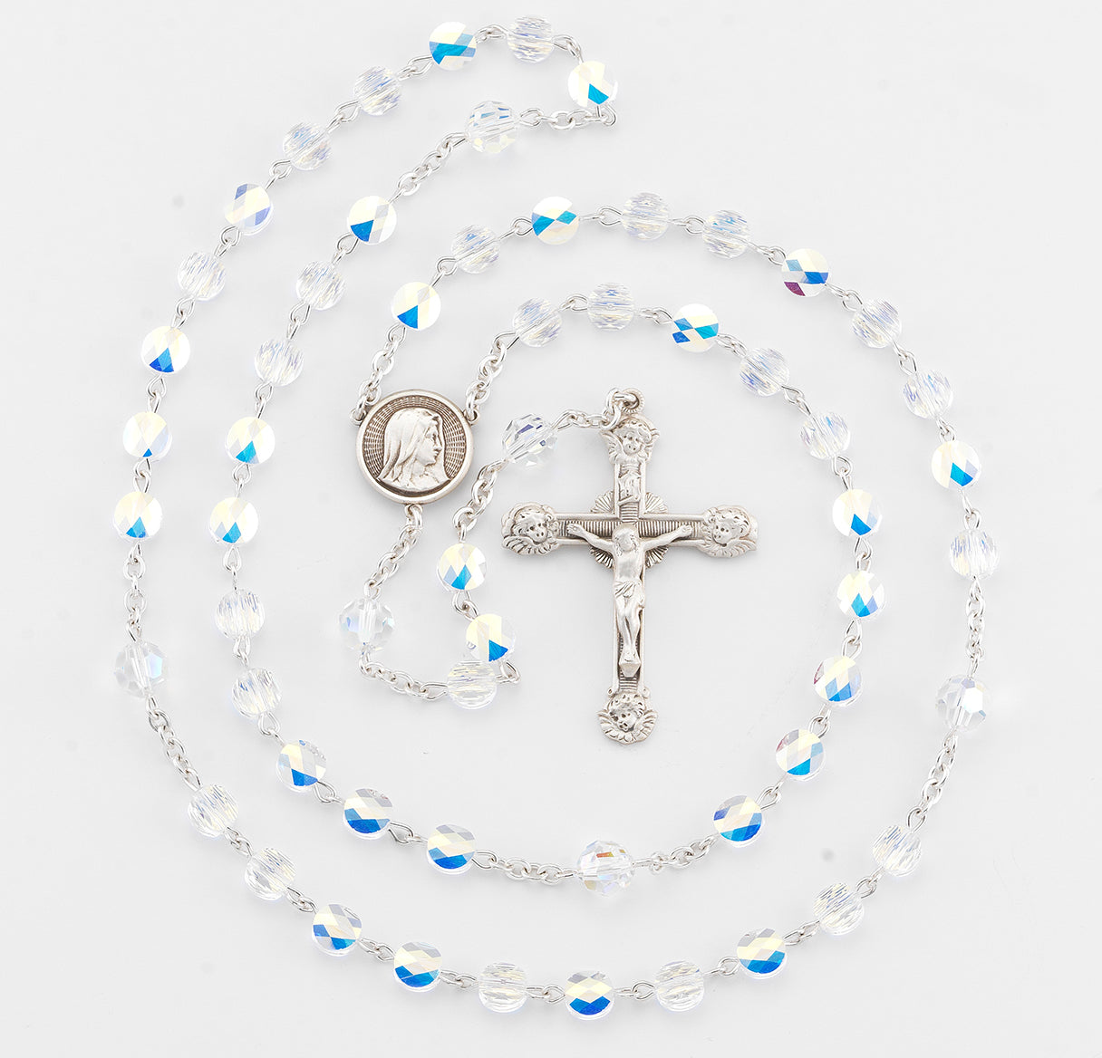 6mm Finest Semi Flat Crystal Rosary w/Sterling Silver Ctr & Cfx-(363/113)-Bxd