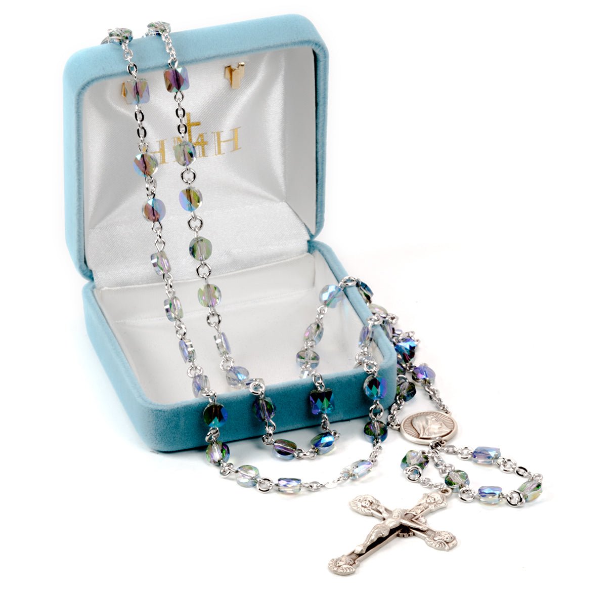 6mm Finest Crystal Semi Flat Vitriol Rosary w/Sterling Silver Ctr & Cfx-(363/113)-Bxd