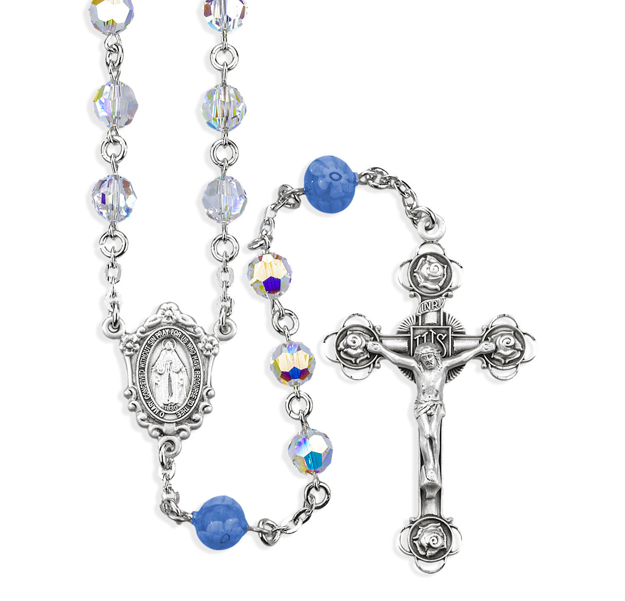 7mm Finest Crystal Rosary with 8mm Blue Glass Flower O.F. Beads, w/Sterling Silver Ctr & Cfx-(80/161)-Bxd
