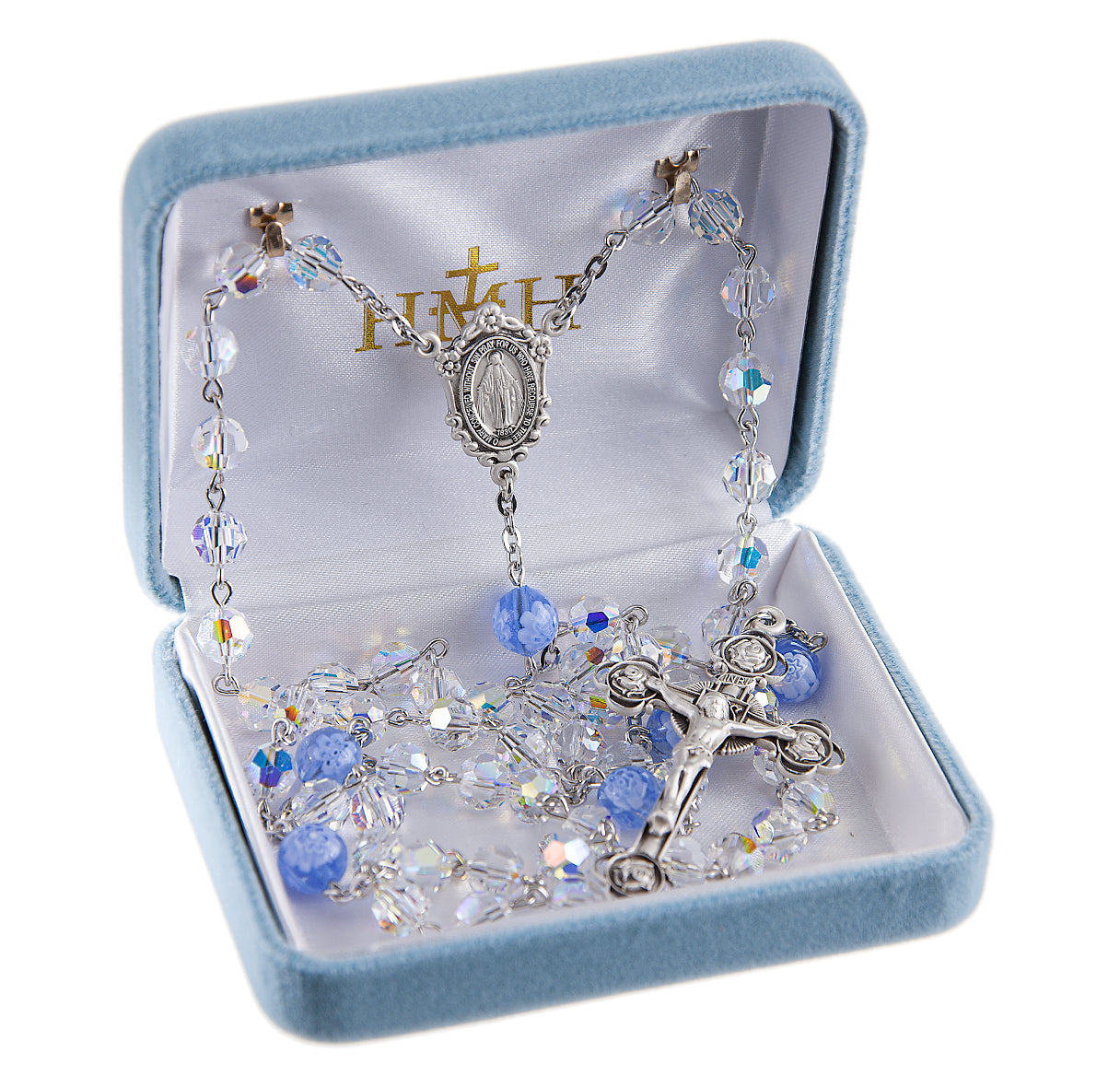 7mm Finest Crystal Rosary with 8mm Blue Glass Flower O.F. Beads, w/Sterling Silver Ctr & Cfx-(80/161)-Bxd
