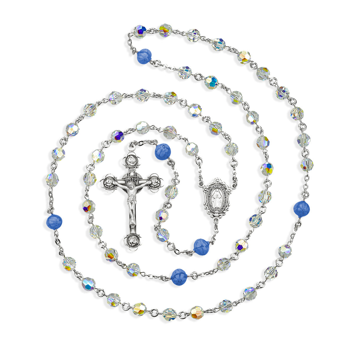 7mm Finest Crystal Rosary with 8mm Blue Glass Flower O.F. Beads, w/Sterling Silver Ctr & Cfx-(80/161)-Bxd