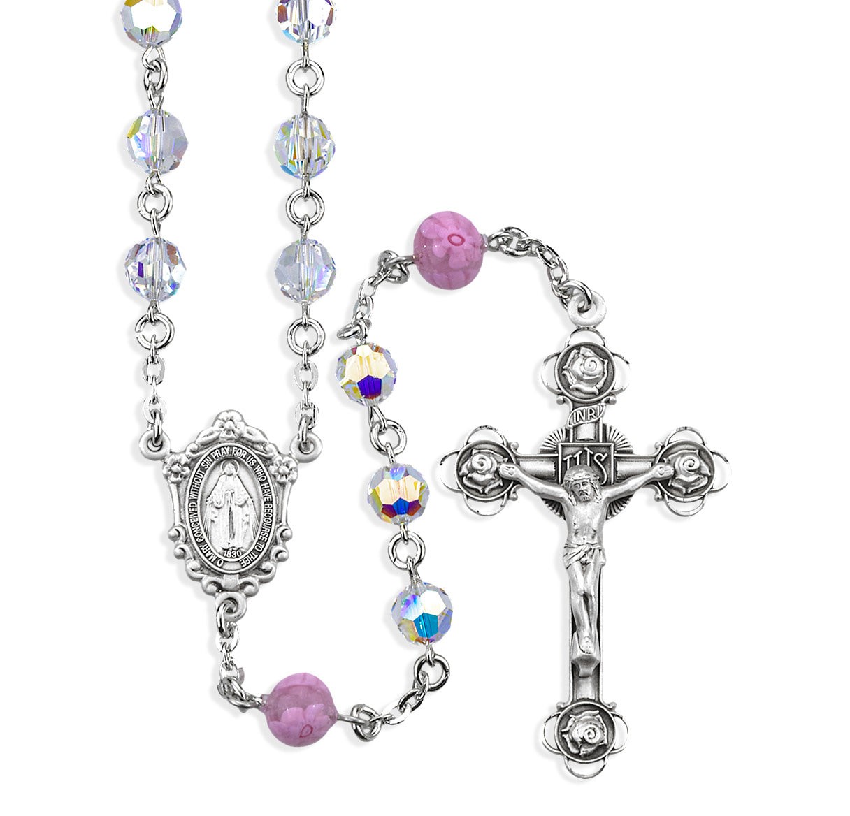 7mm Finest Czech Crystal (AB) Rosary w/8mm Pink Glass Flower O.F. Beads, w/Sterling Silver Ctr & Cfx-(80/161)-Bxd