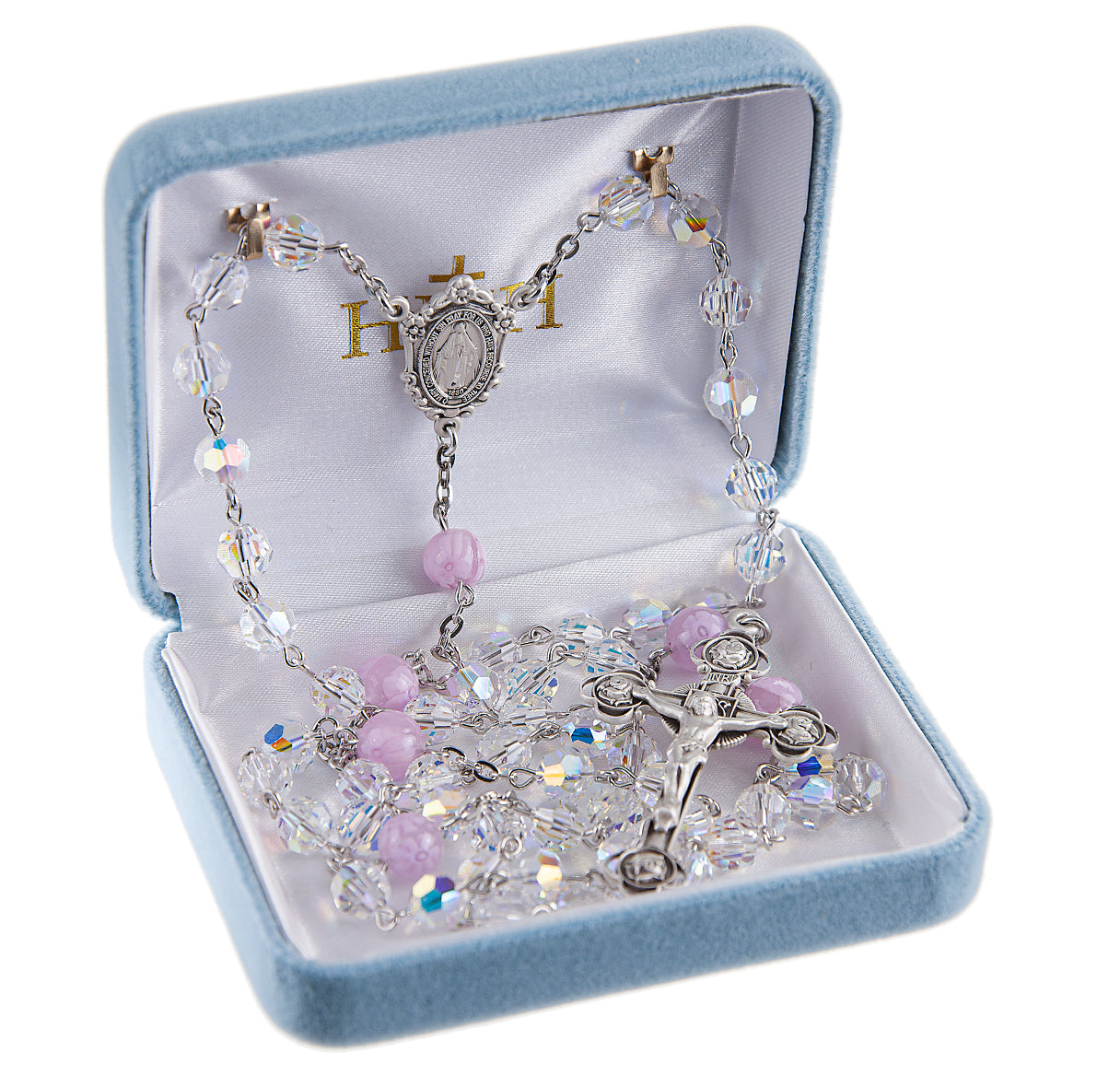 7mm Finest Czech Crystal (AB) Rosary w/8mm Pink Glass Flower O.F. Beads, w/Sterling Silver Ctr & Cfx-(80/161)-Bxd