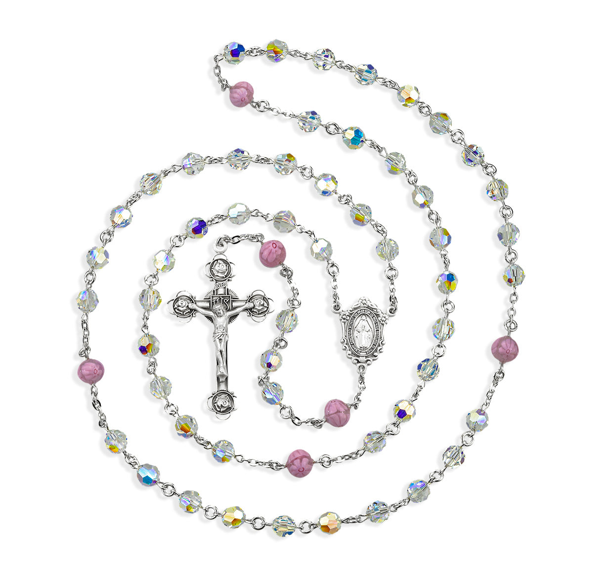 7mm Finest Czech Crystal (AB) Rosary w/8mm Pink Glass Flower O.F. Beads, w/Sterling Silver Ctr & Cfx-(80/161)-Bxd