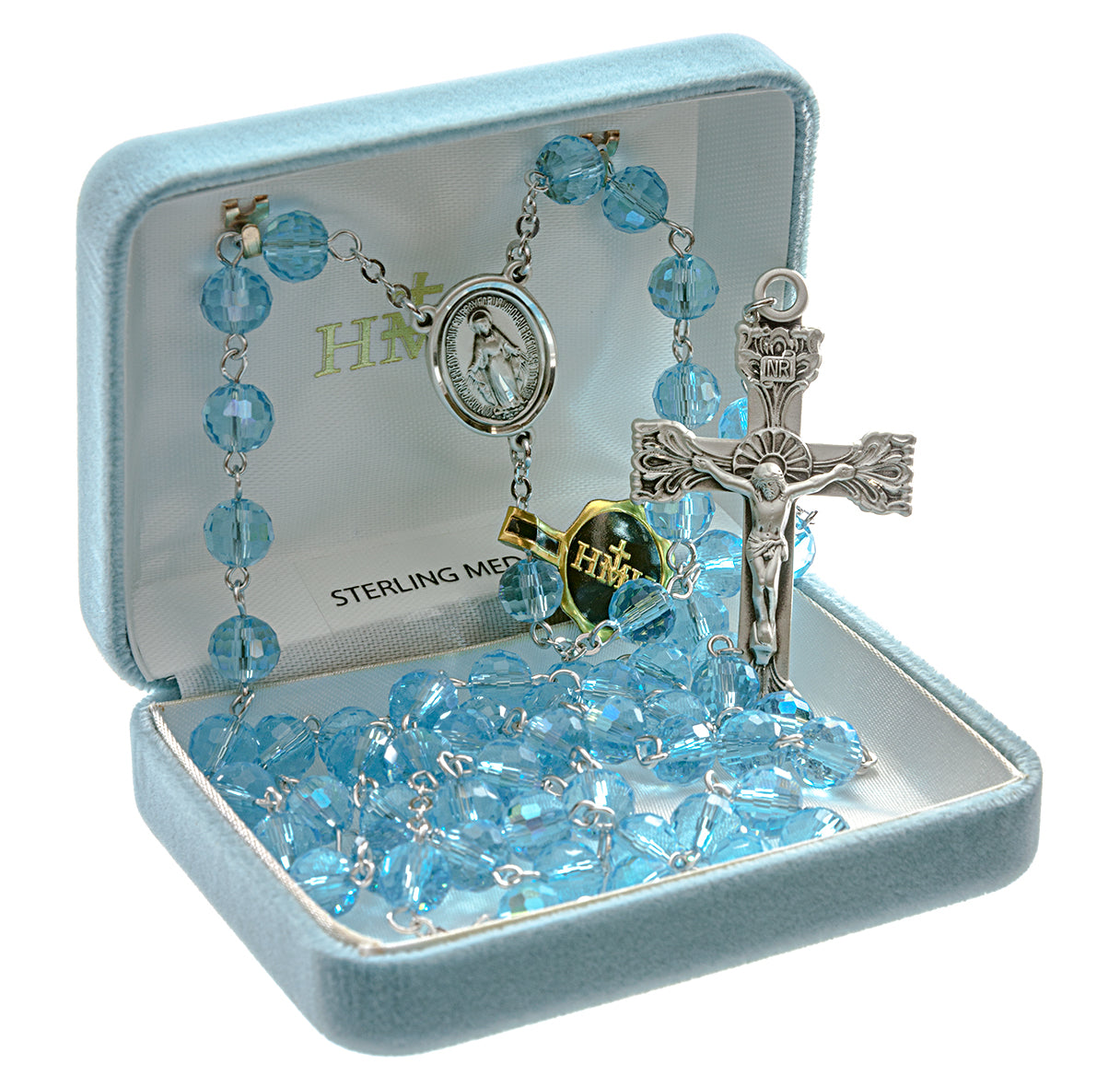8mm Mulit-Color Aqua Rd Cut Rosary w/Sterling Ctr & Cfx-(30/134)-Bxd