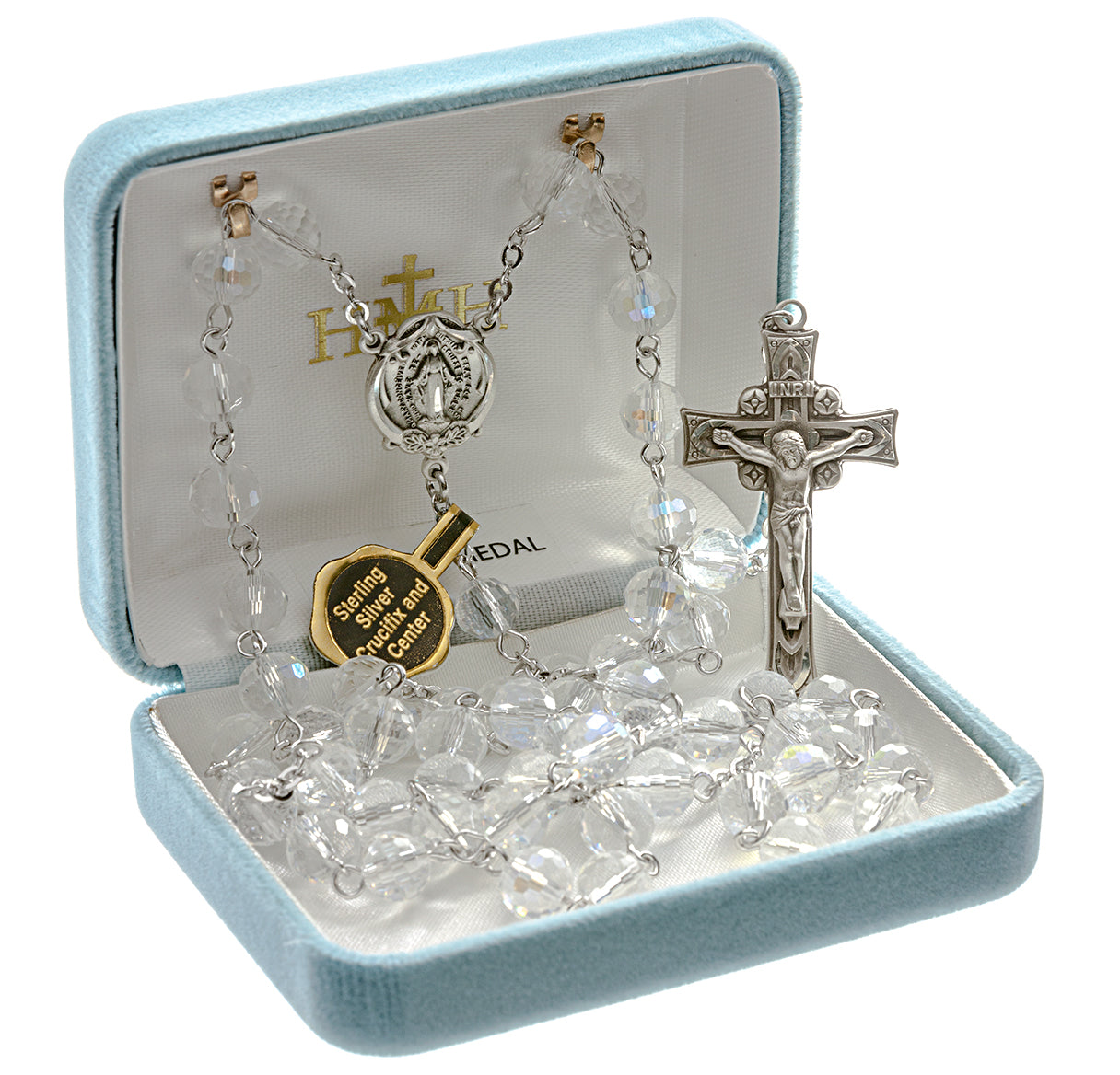 8mm Crystal Round Cut Rosary w/Sterling Ctr & Cfx-(82/103)-Bxd