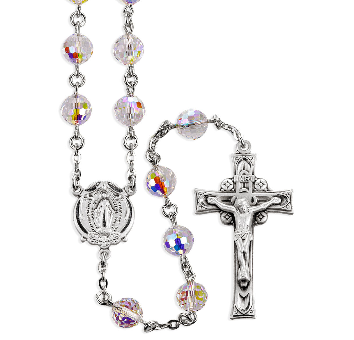 8mm Crystals by Swarovski® Fireball Crystal (AB) Rosary w/Sterling Silver Ctr & Cfx-(82/103)-Bxd