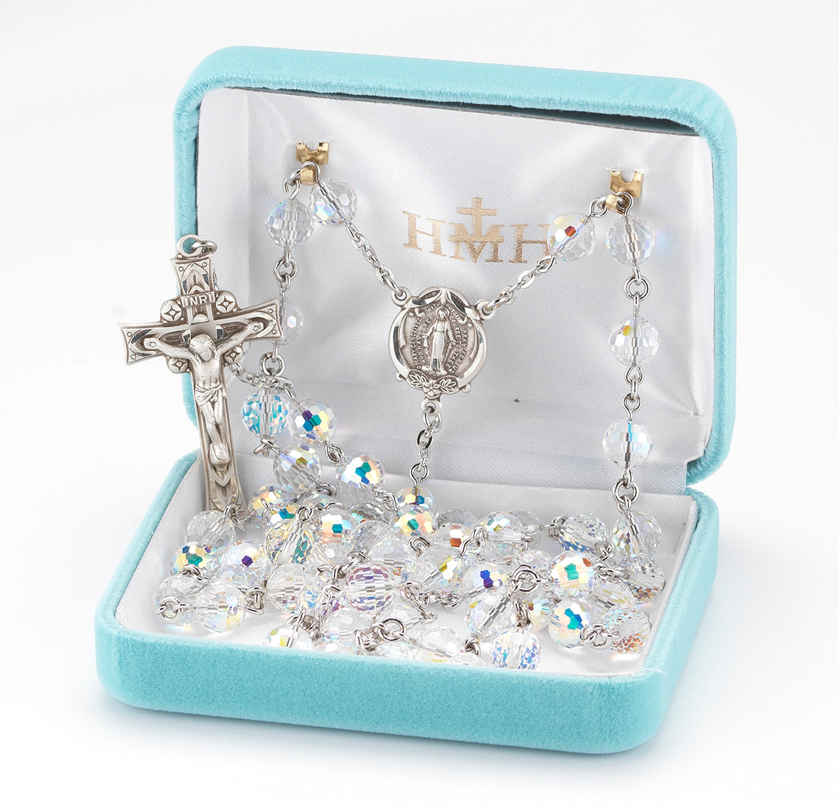 8mm Crystals by Swarovski® Fireball Crystal (AB) Rosary w/Sterling Silver Ctr & Cfx-(82/103)-Bxd