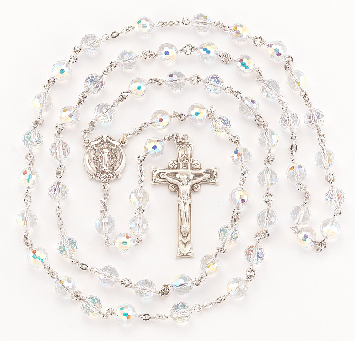8mm Crystals by Swarovski® Fireball Crystal (AB) Rosary w/Sterling Silver Ctr & Cfx-(82/103)-Bxd
