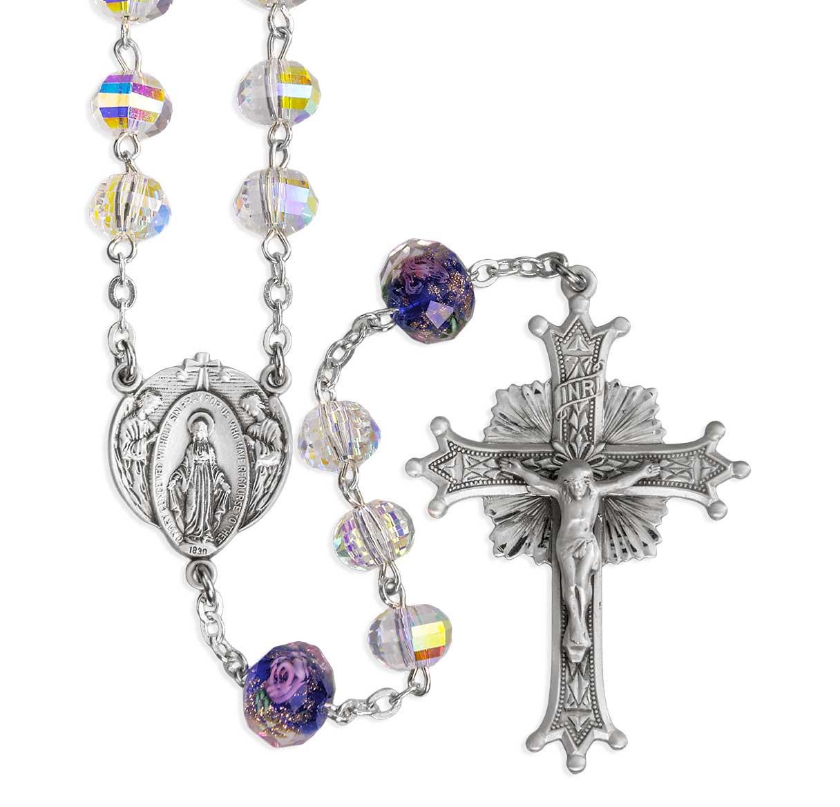 Faceted Czech 8mm Crystal Aurora Rosary & Blue Flowered Glass Pater O.F. Bead Rosary w/ Sterling Ctr & Cfx-(SB59/S178)-Bxd