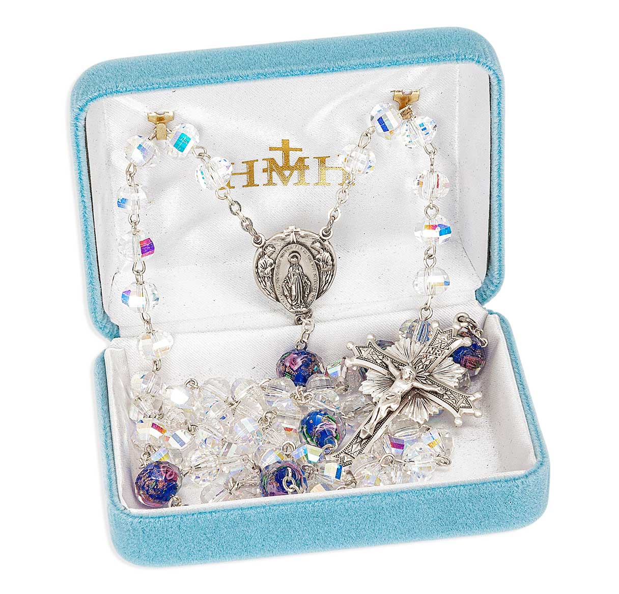 Faceted Czech 8mm Crystal Aurora Rosary & Blue Flowered Glass Pater O.F. Bead Rosary w/ Sterling Ctr & Cfx-(SB59/S178)-Bxd
