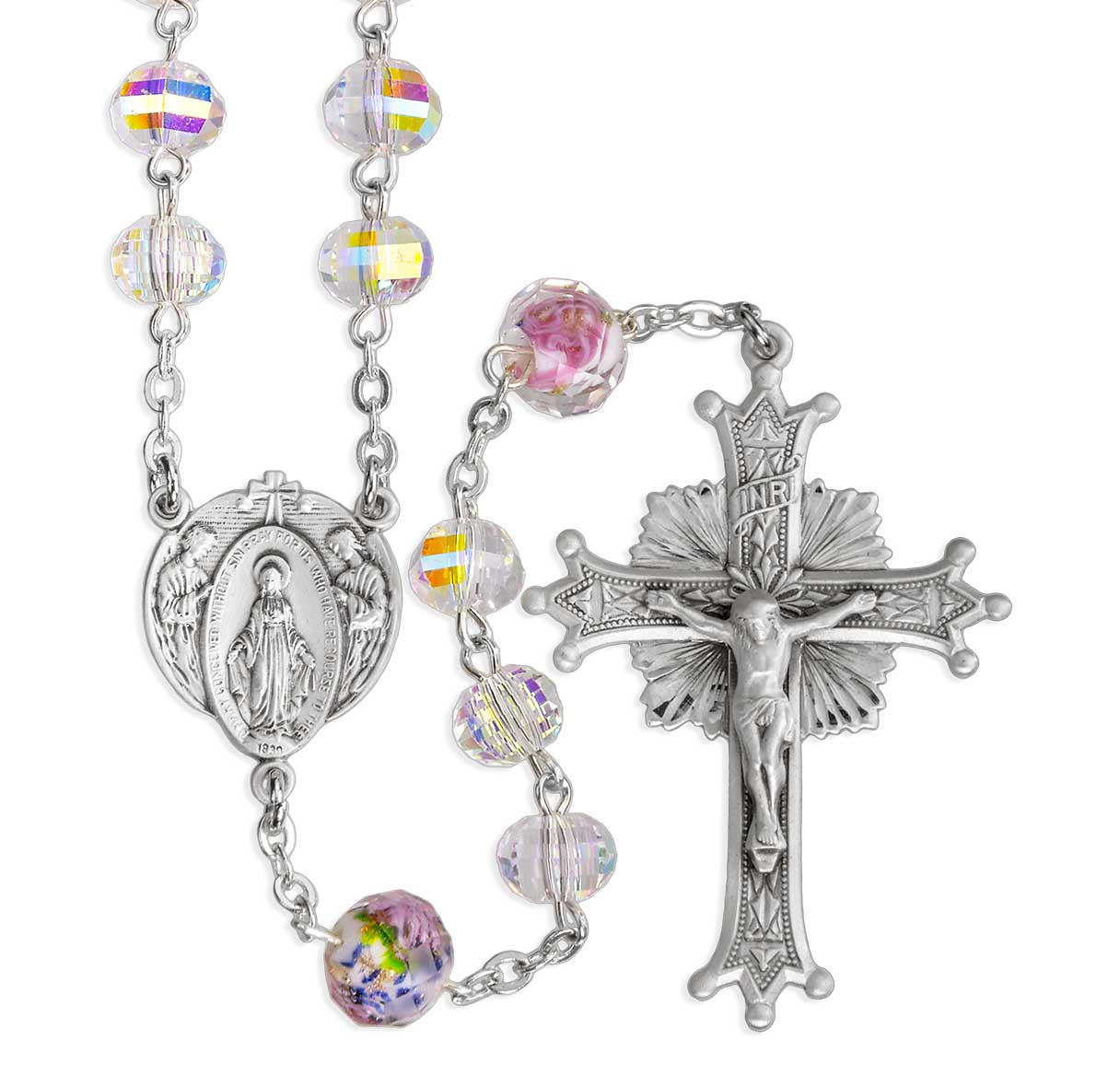 Faceted Czech 8mm Crystal Aurora Rosary & White Flowered Glass Pater O.F. Bead Rosary w/ Sterling Ctr & Cfx-(SB59/S178)-Bxd