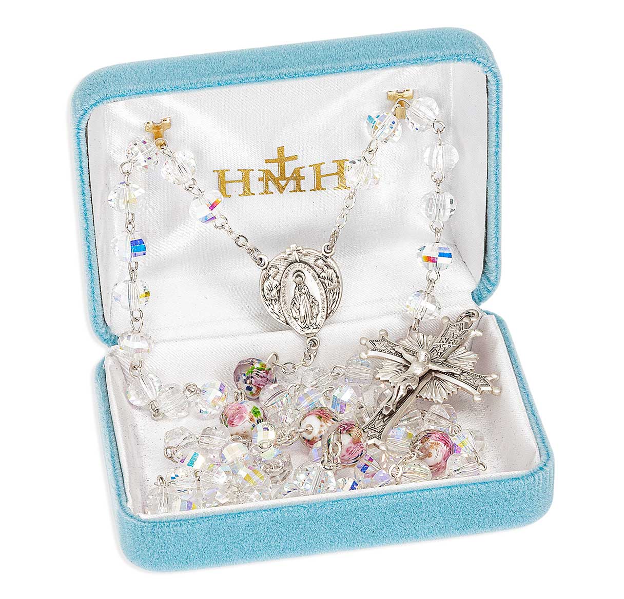Faceted Czech 8mm Crystal Aurora Rosary & White Flowered Glass Pater O.F. Bead Rosary w/ Sterling Ctr & Cfx-(SB59/S178)-Bxd