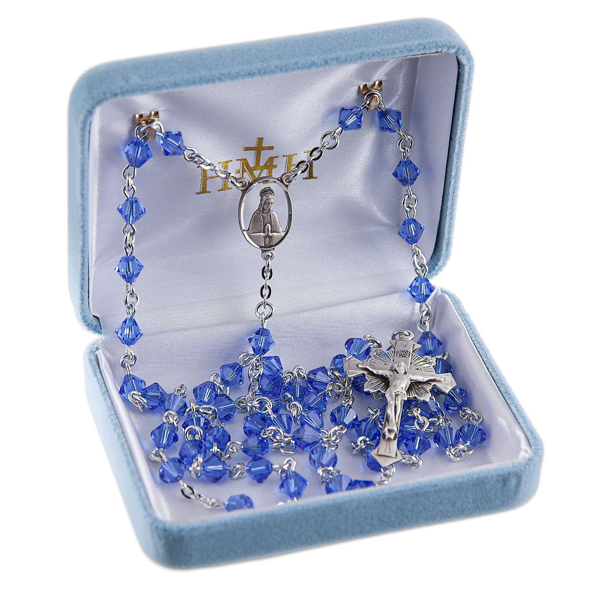 6mm Finest Sapphire Bi-Cone Beads with 6mm Faceted Round Finest Sapphire Crystal O.F. Beads