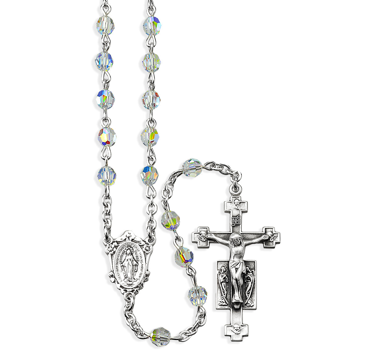 Rosary Sterling Crucifix and Centerpiece Created with Crystals by Swarovski® Austrian Crystal 5mm Faceted Round Aurora Borealis Beads by HMH