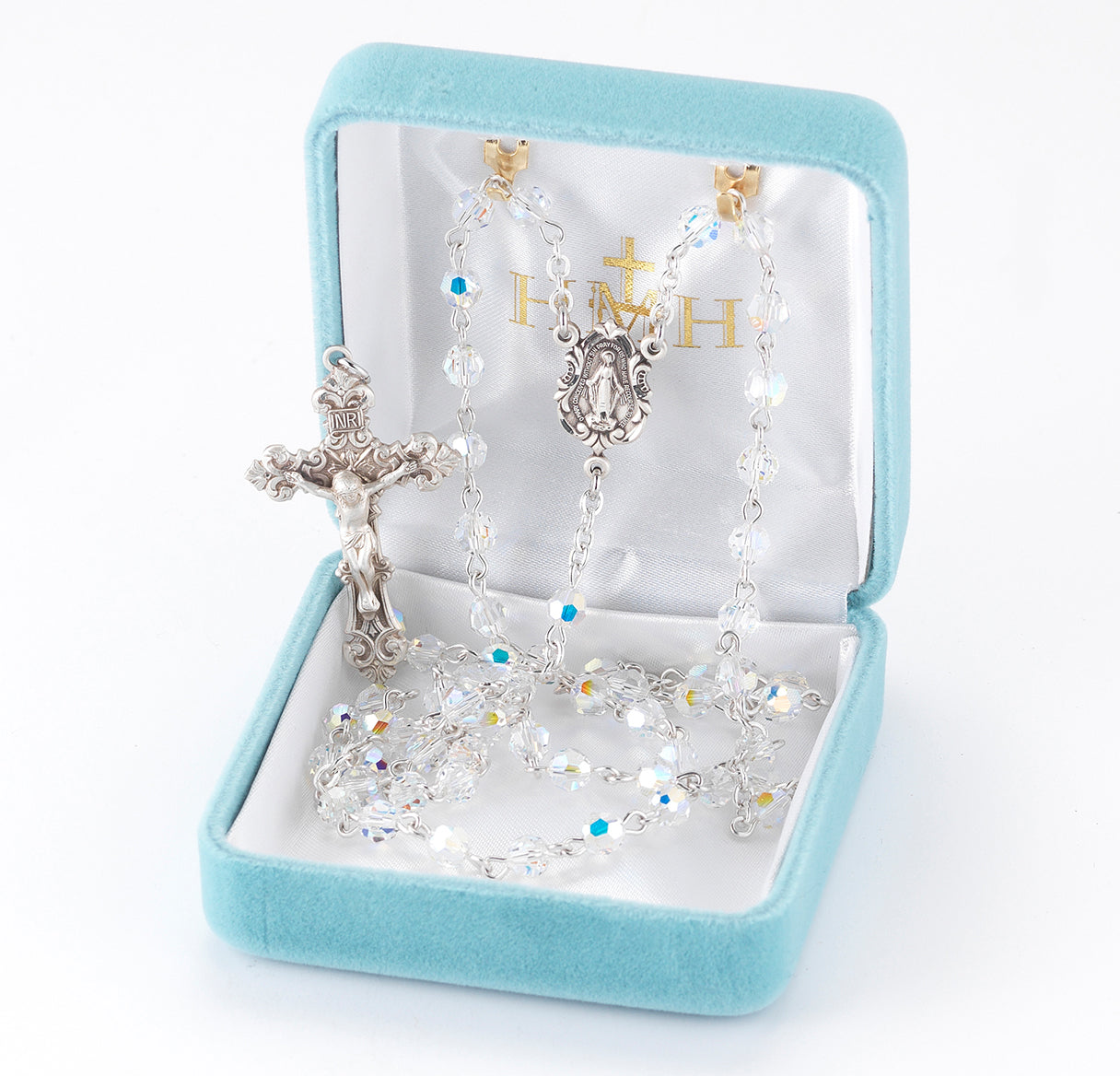 Rosary Sterling Crucifix and Centerpiece Created with Crystals by Swarovski® Austrian Crystal 5mm Faceted Round Aurora Borealis Beads by HMH