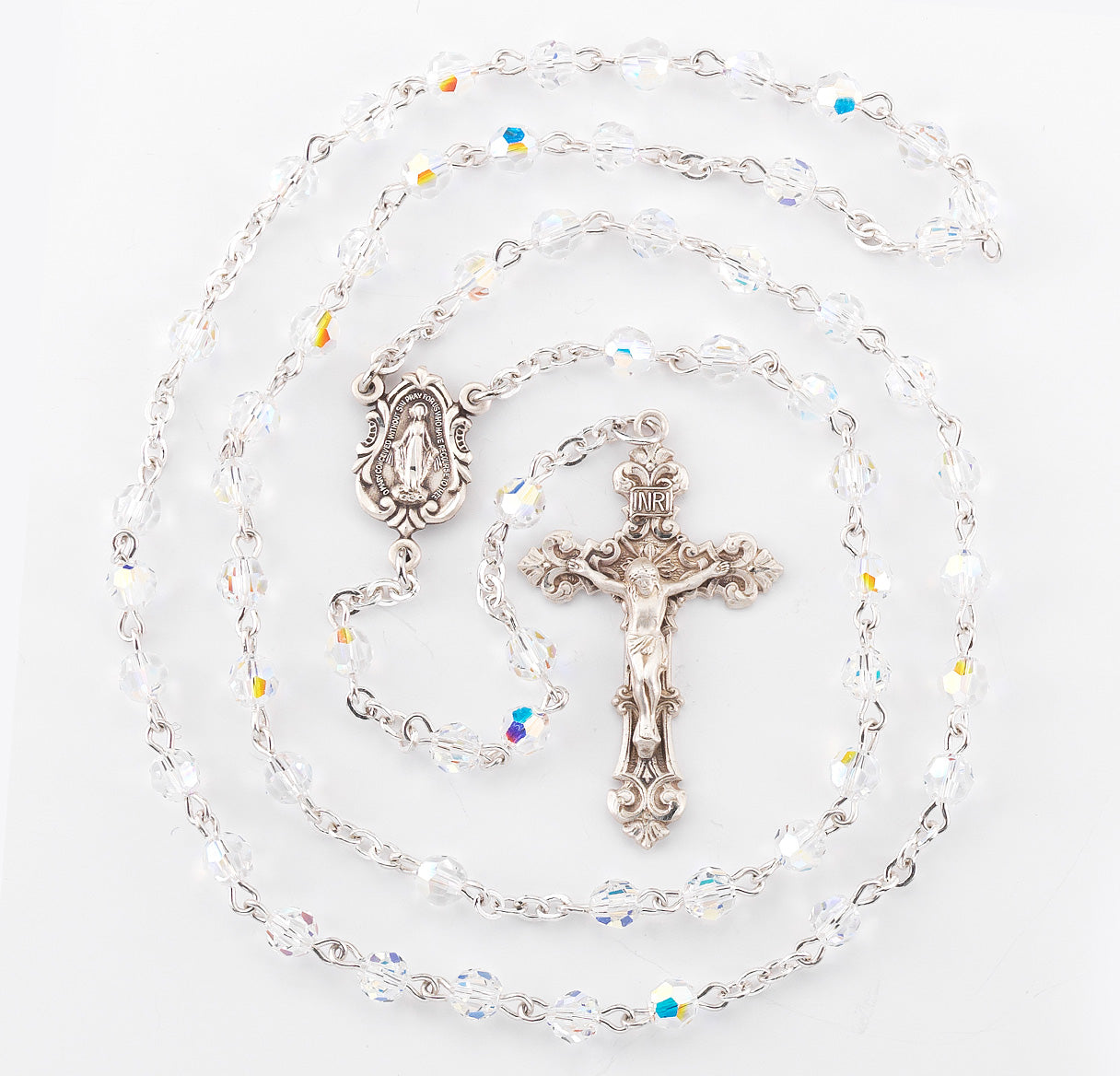 Rosary Sterling Crucifix and Centerpiece Created with Crystals by Swarovski® Austrian Crystal 5mm Faceted Round Aurora Borealis Beads by HMH