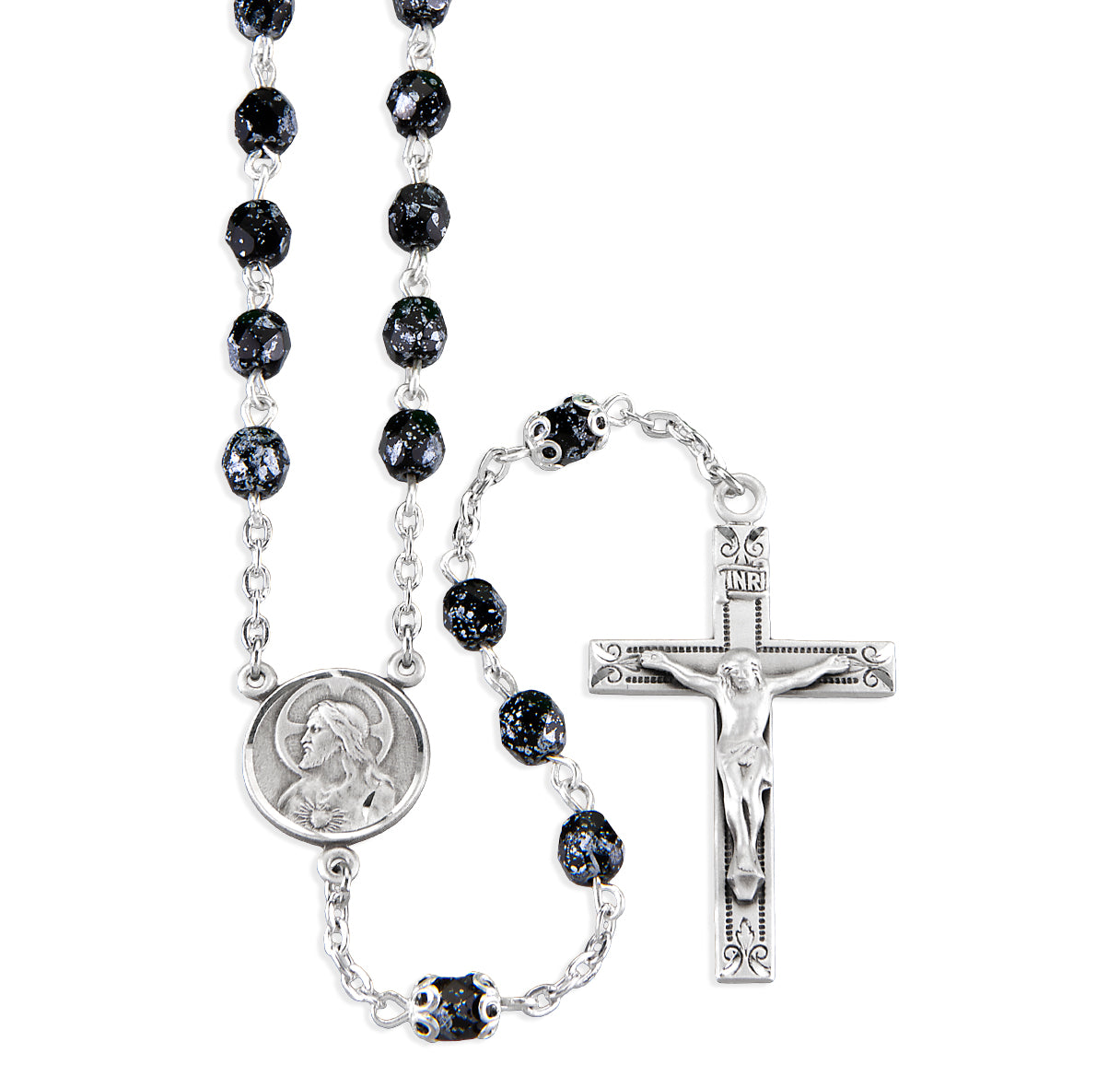 5mm Czech Silver Black Glass Bead Rosary W/ Sterling Crucifix and Center-(218/3863)-Bxd