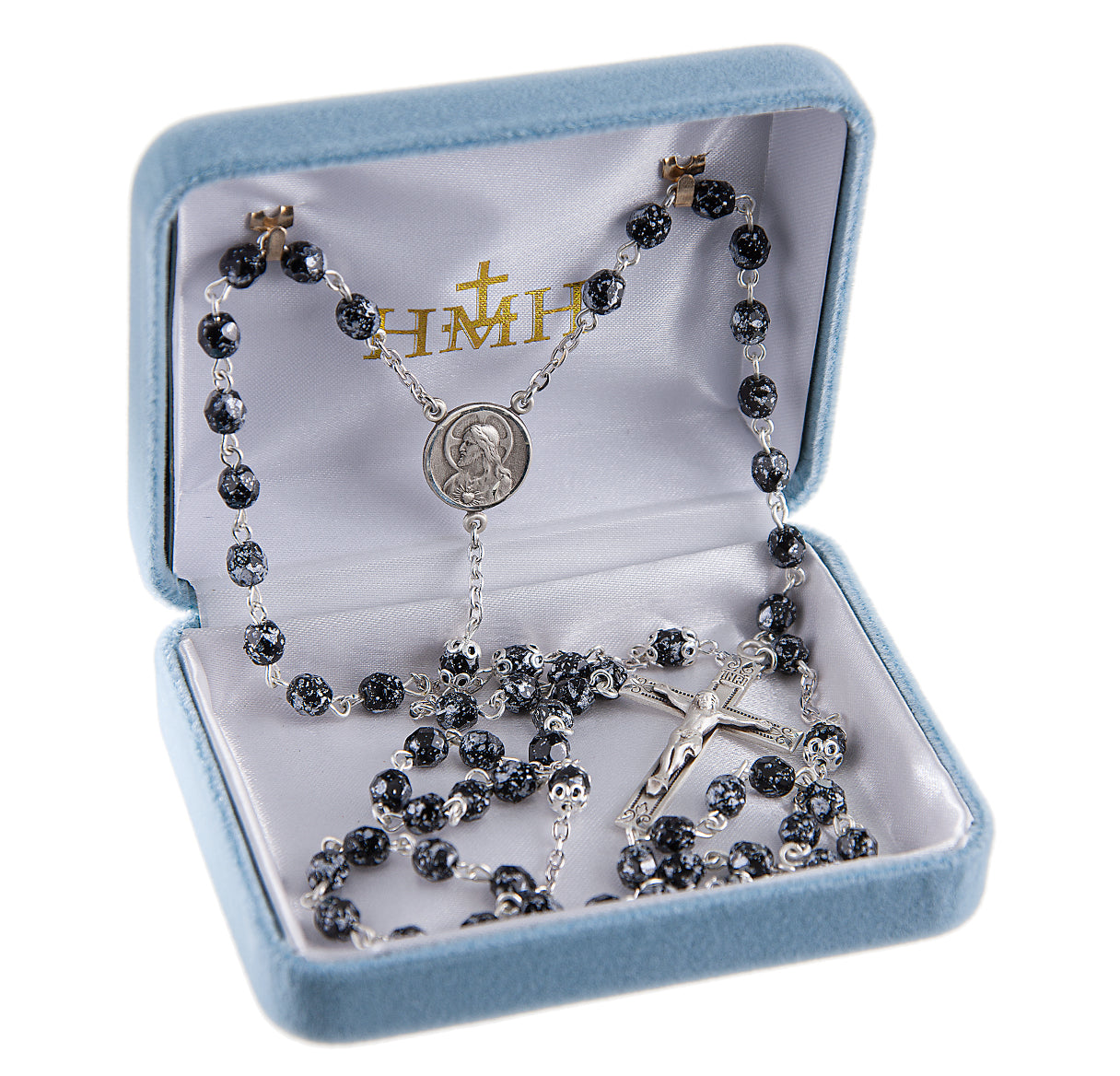 5mm Czech Silver Black Glass Bead Rosary W/ Sterling Crucifix and Center-(218/3863)-Bxd