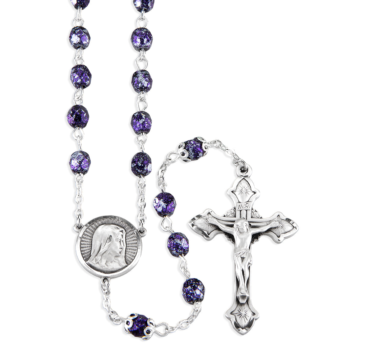5mm Czech Silver Violet Glass Bead Rosary W/ Sterling Crucifix and Center-(368/1837)-Bxd
