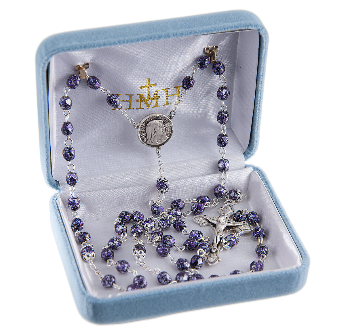5mm Czech Silver Violet Glass Bead Rosary W/ Sterling Crucifix and Center-(368/1837)-Bxd
