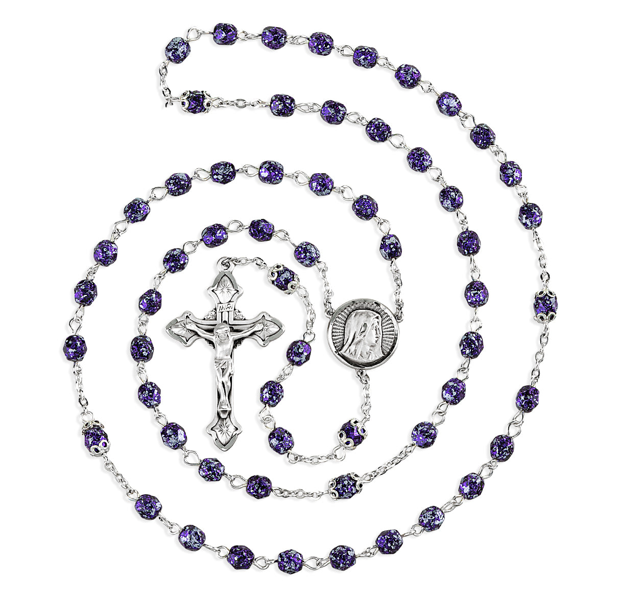 5mm Czech Silver Violet Glass Bead Rosary W/ Sterling Crucifix and Center-(368/1837)-Bxd