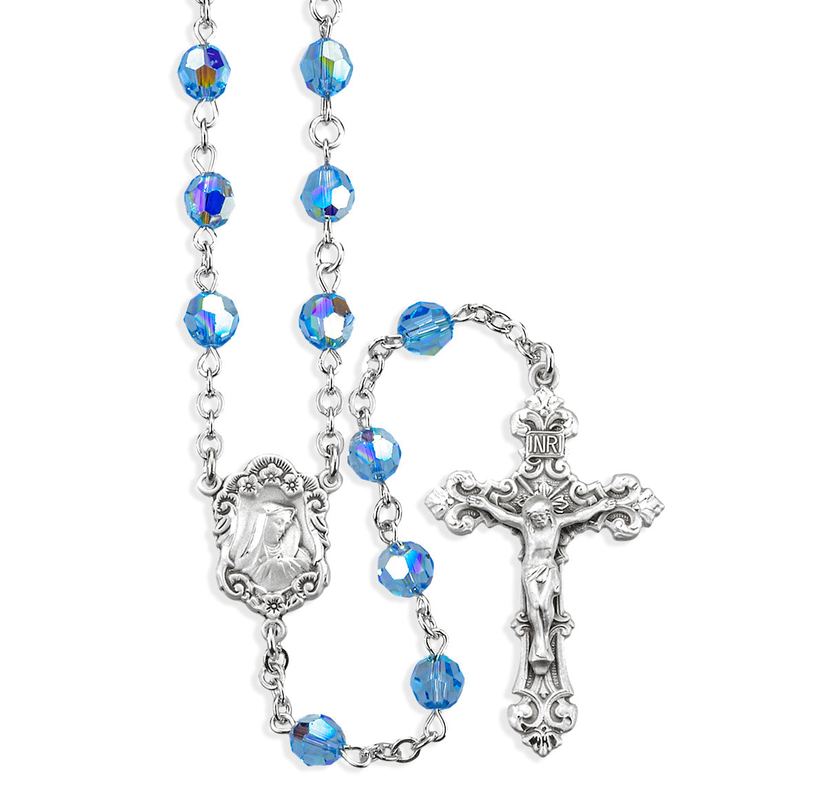 6mm Finest Crystal Aqua Rosary w/Sterlimg Silver Ctr & Cfx-(03/153)-Bxd