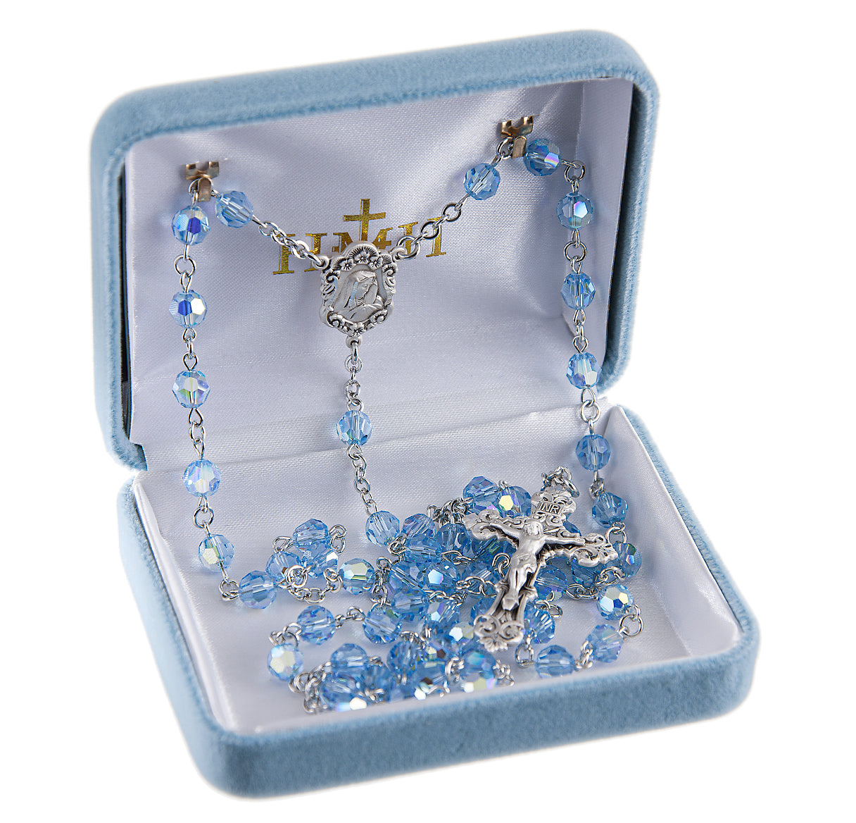 6mm Finest Crystal Aqua Rosary w/Sterlimg Silver Ctr & Cfx-(03/153)-Bxd