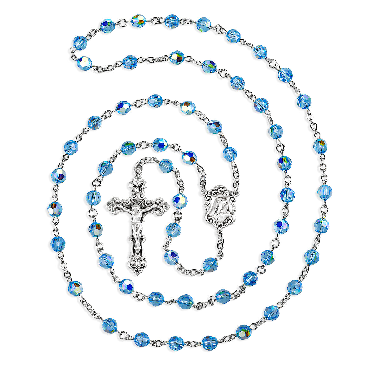 6mm Finest Crystal Aqua Rosary w/Sterlimg Silver Ctr & Cfx-(03/153)-Bxd
