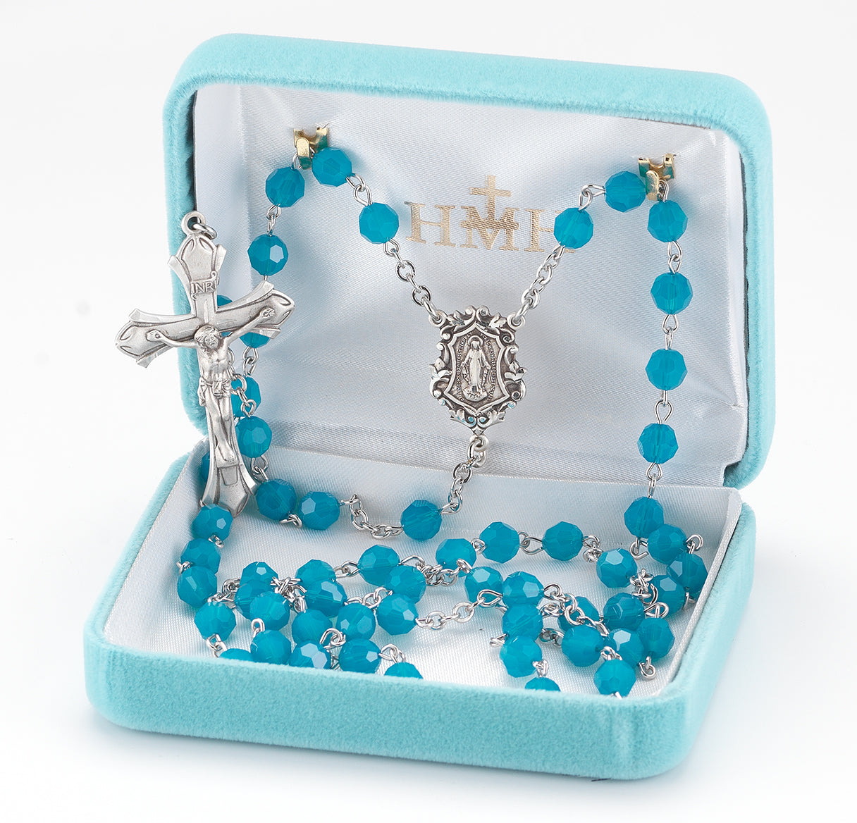 6mm Finest Blue Opal Rosary w/Sterling Silver Ctr & Cfx-(54/123)-Bxd