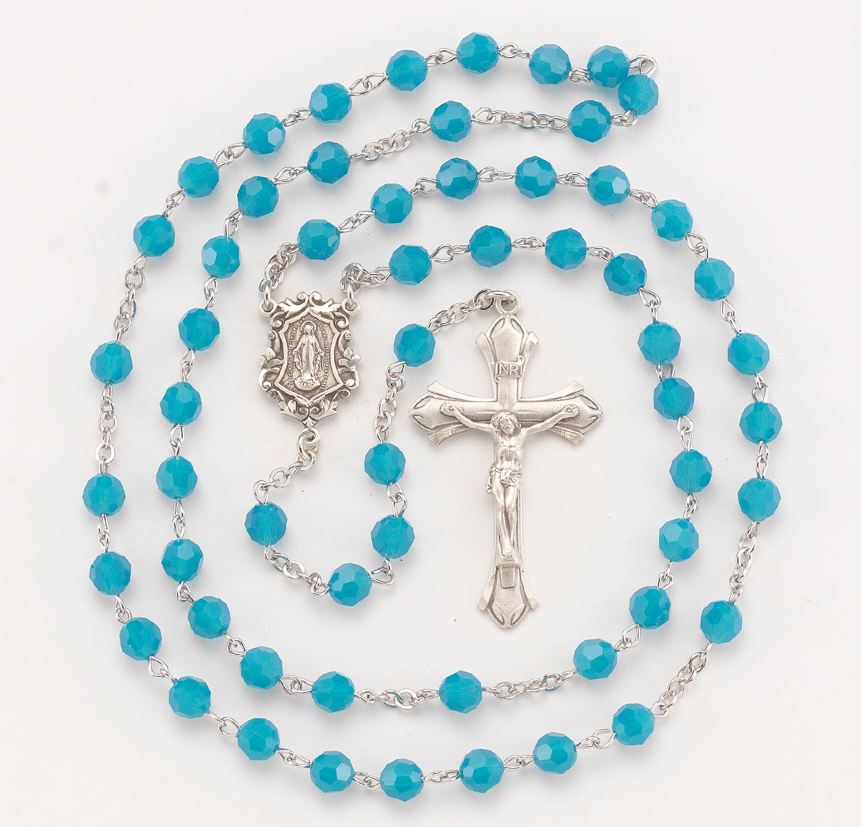 6mm Finest Blue Opal Rosary w/Sterling Silver Ctr & Cfx-(54/123)-Bxd
