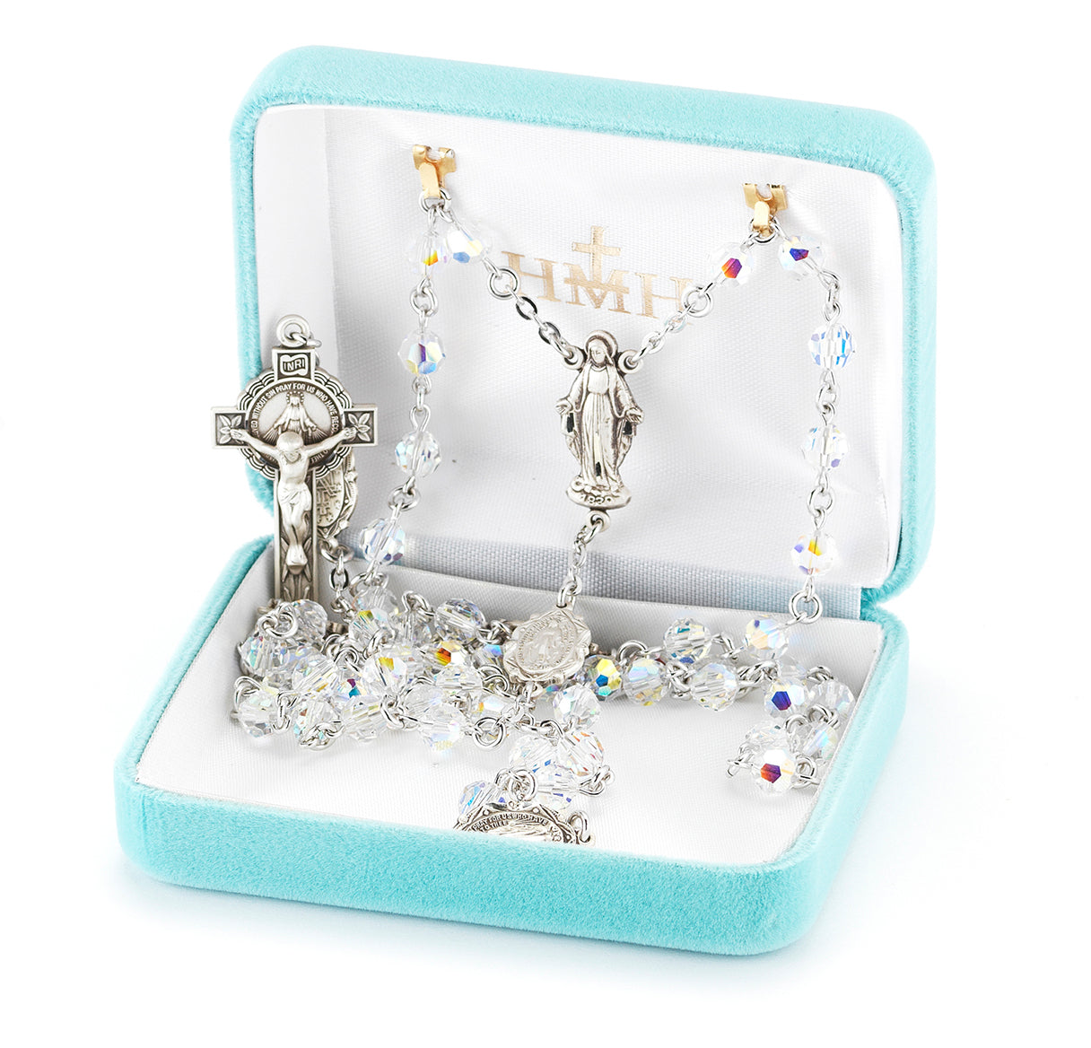 6mm Finest Crystal Miraculous With O.F. medals S3602B Rosary w/Sterling Ctr & Cfx-(317/191)-Bxd