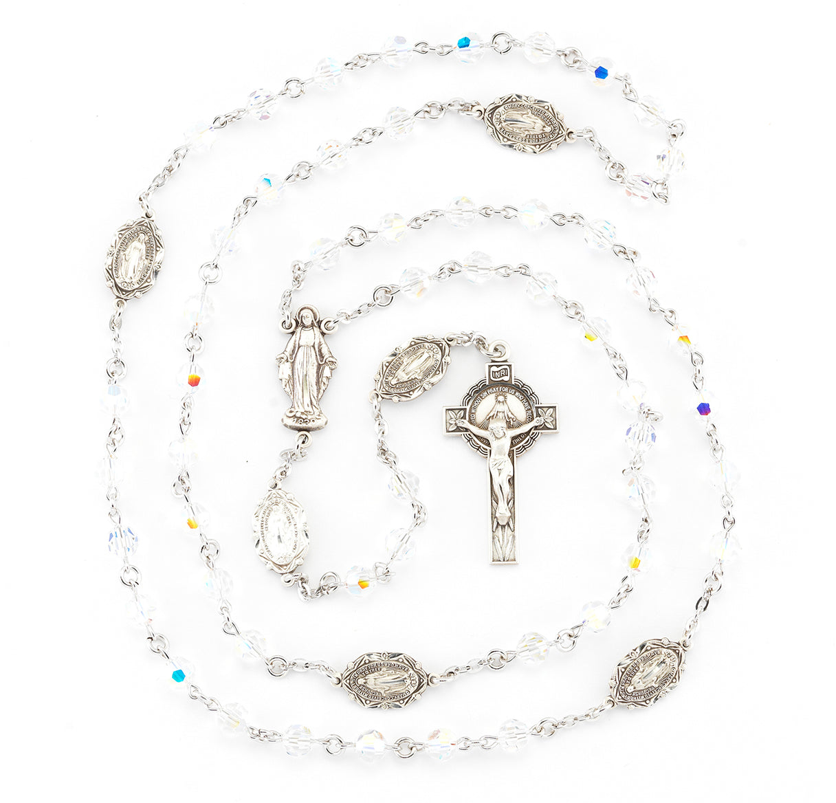 6mm Finest Crystal Miraculous With O.F. medals S3602B Rosary w/Sterling Ctr & Cfx-(317/191)-Bxd
