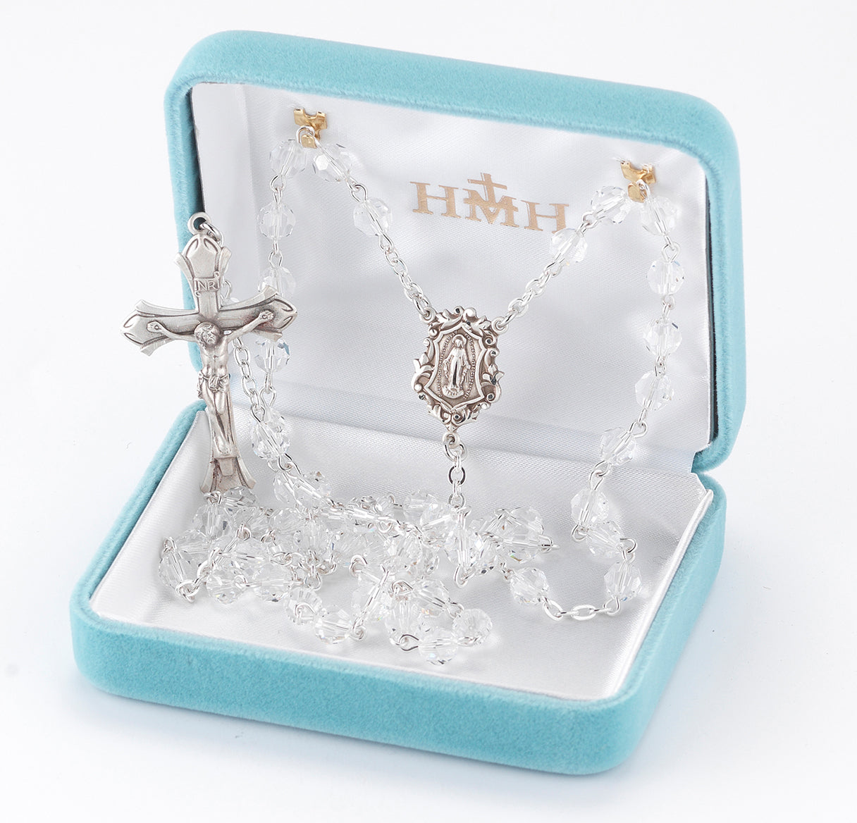 Rosary Sterling Crucifix and Centerpiece Created with Crystals by Swarovski® Austrian Crystal 6mm Faceted Round Clear Beads by HMH