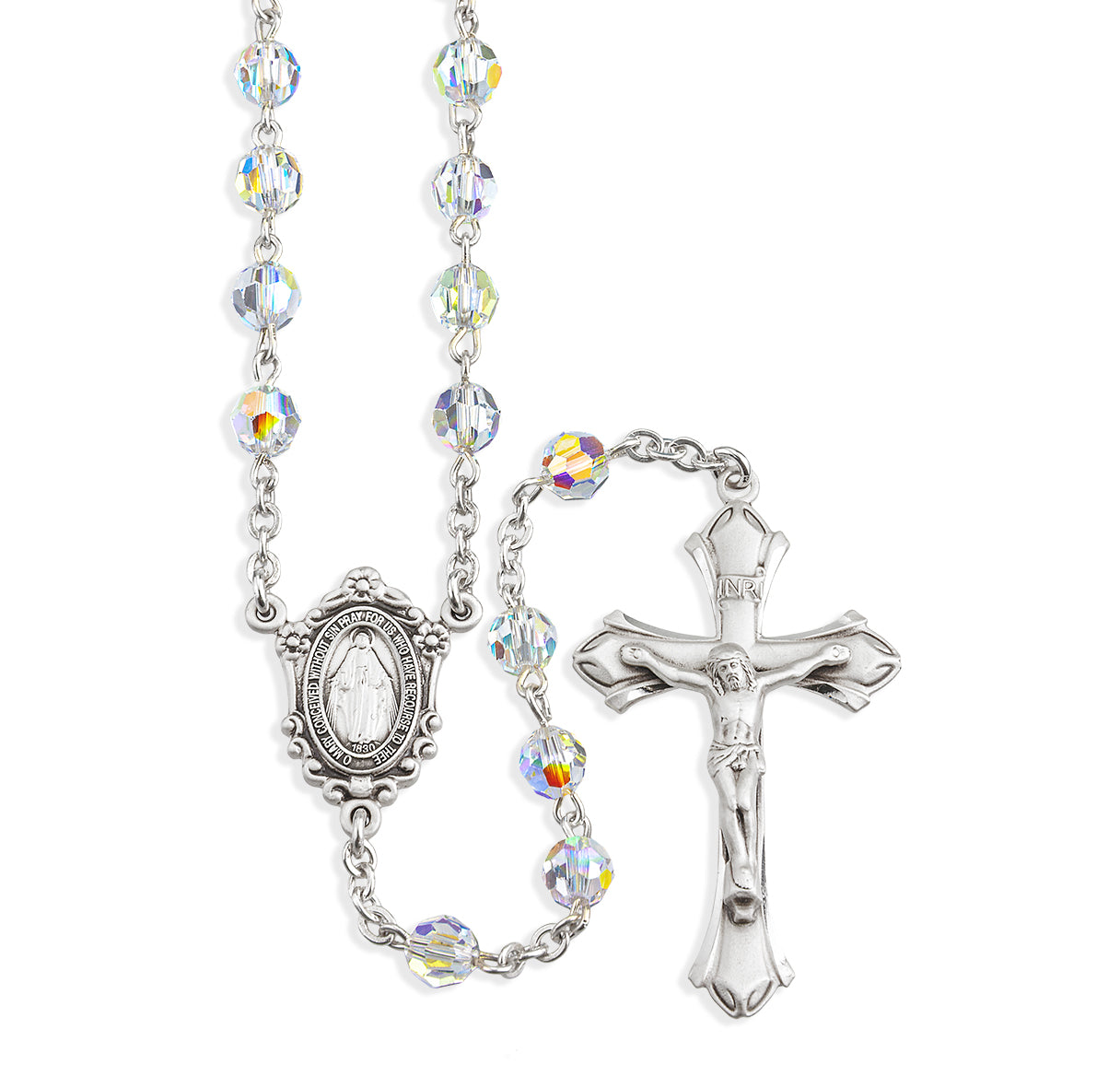 Rosary Sterling Crucifix and Centerpiece Created with Crystals by Swarovski® Austrian Crystal 6mm Faceted Round Aurora Borealis Beads by HMH